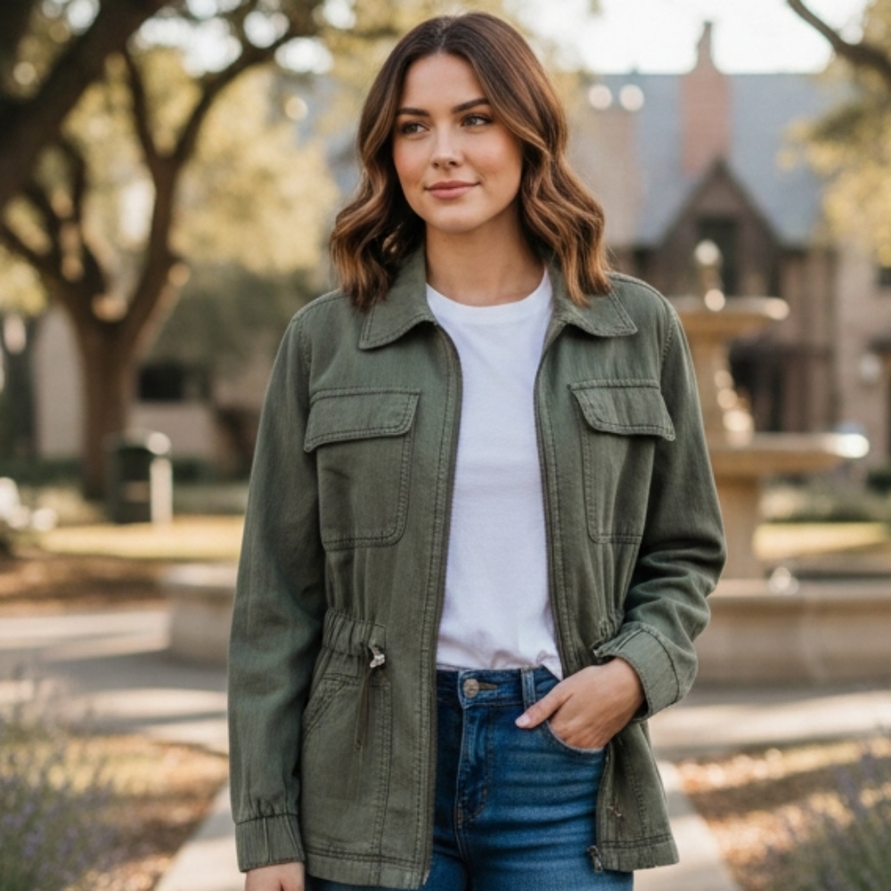 Knox Rose Khaki Women's Utility Jacket Full Zip Pockets